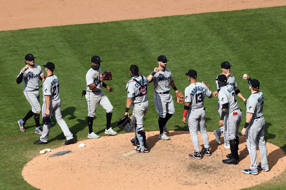 Jul 26, 2020; Philadelphia, Pennsylvania, USA; The Miami Marlins celebrate following their victory over the Philadelphia Phillies at Citizens Bank Park. Mandatory Credit: James Lang-USA TODAY Sports