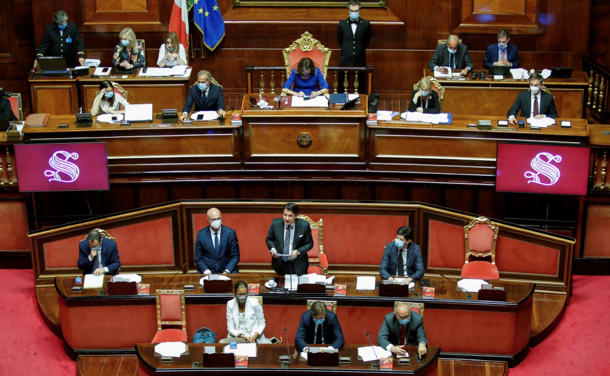 Italian Prime Minister Giuseppe Conte addresses the upper house of parliament on the coronavirus disease (COVID-19) in Rome, Italy, July 28, 2020. REUTERS/Remo Casilli
