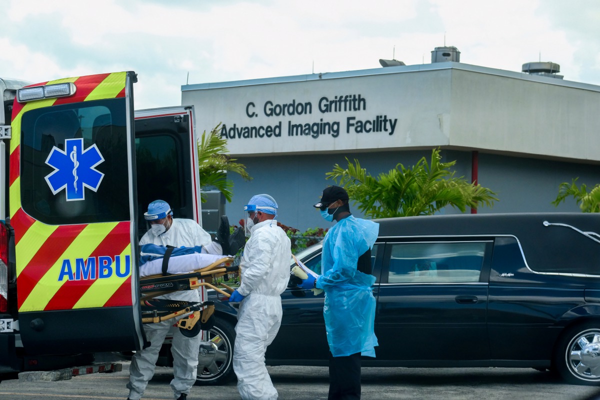 FILE PHOTO: Emergency Medical Technicians (EMT) arrive with a patient while a funeral car begins to depart at North Shore Medical Center where coronavirus disease (COVID-19) patients are treated, in Miami, Florida, U.S. July 14, 2020. REUTERS/Maria Alejan