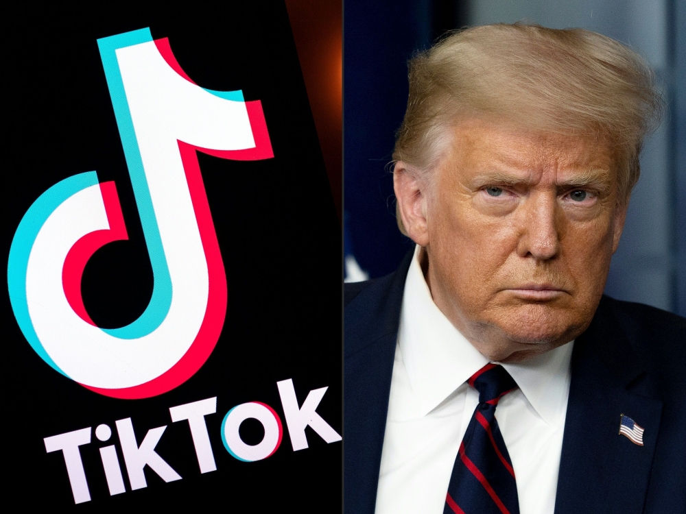 (COMBO) This combination of pictures created on August 01, 2020 shows the logo of the social media video sharing app Tiktok displayed on a tablet screen in Paris, and US President Donald Trump at the White House in Washington, DC, on July 30, 2020./ AFP /