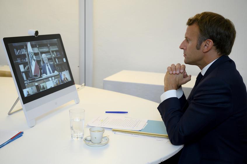 French President Emmanuel Macron attends a donor teleconference with other world leaders concerning the situation in Lebanon following the Beirut blast, in Fort de Bregancon in Bormes-les-Mimosas, France August 9, 2020. Christophe Simon/Pool via REUTERS