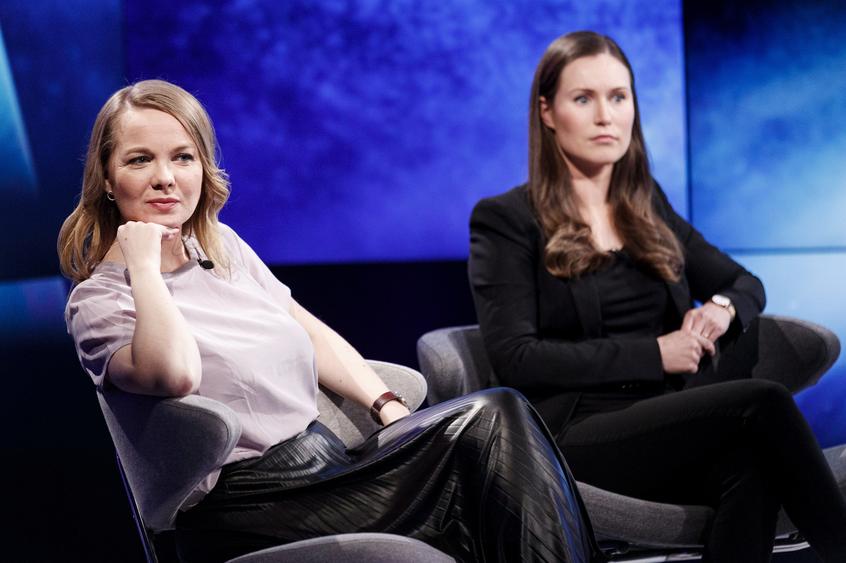 FILE PHOTO: Finland's Members of Parliament, Katri Kulmuni (L) and Sanna Marin participate in the A-studio talk show in Helsinki, Finland December 3, 2019. Lehtikuva/Roni Rekomaa/via REUTERS