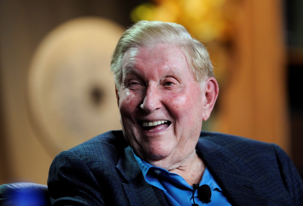 Sumner Redstone, executive chairman of Viacom Inc., laughs at a comment during the Business of Sports panel at the 2008 Milken Institute Global Conference in Beverly Hills, California April 30, 2008. REUTERS/Phil McCarten/File Photo
