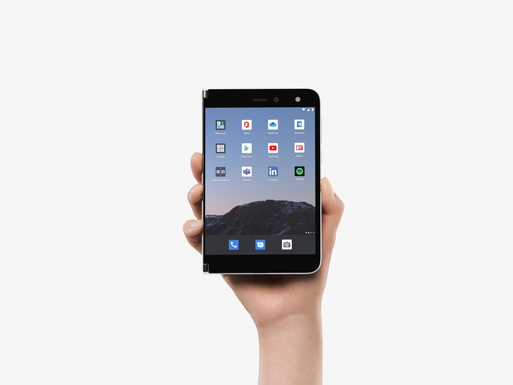 Microsoft Corp's Surface Duo phone is seen in an undated handout photo released to Reuters on August 11, 2020. The device is powered by Google's Android operating system and starts at $1,399. Courtesy microsoft Corp/Handout via REUTERS
