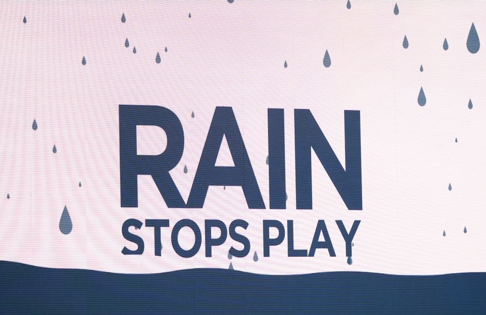 Cricket - Second Test - England v Pakistan - Ageas Bowl, Southampton, Britain - August 16, 2020 General view of a message on the big screen as rain stops play, as play resumes behind closed doors following the outbreak of the coronavirus disease (COVID-19