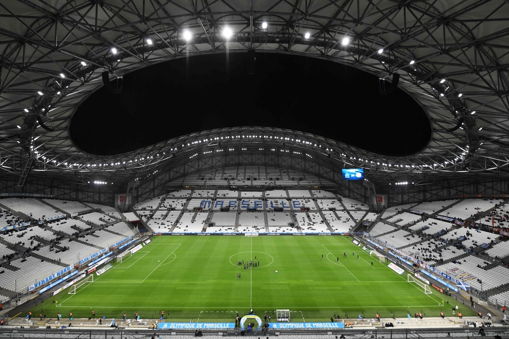 This file photograph taken on October 20, 2019, shows a general view of The Velodrome Stadium prior to the French L1 football match between Olympique de Marseille (OM) and Racing Club de Strasbourg Alsace (RCS) in Marseille, southern France. / AFP / Boris