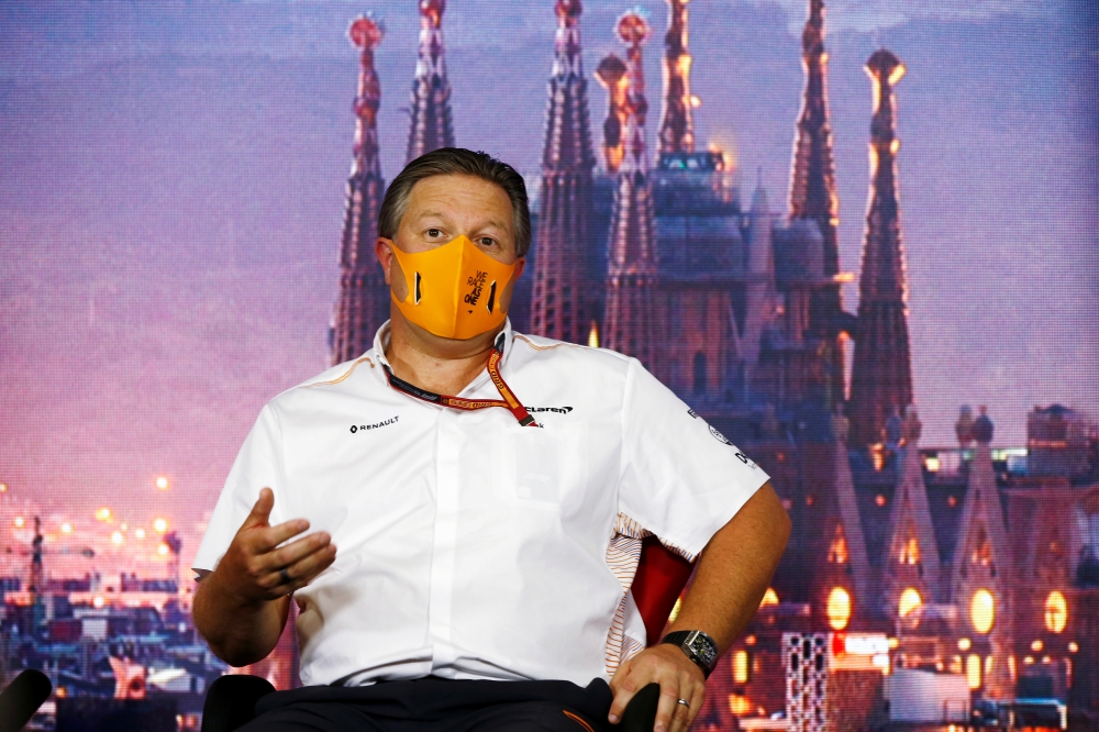 August 14, 2020 McLaren Chief Executive Officer Zak Brown during the press conference FIA/Handout via REUTERS