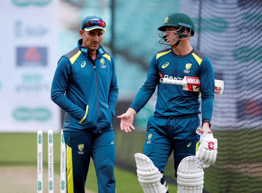 September 10, 2019 Australia coach Justin Langer and David Warner during nets Action Images via Reuters/Paul Childs/File Photo
