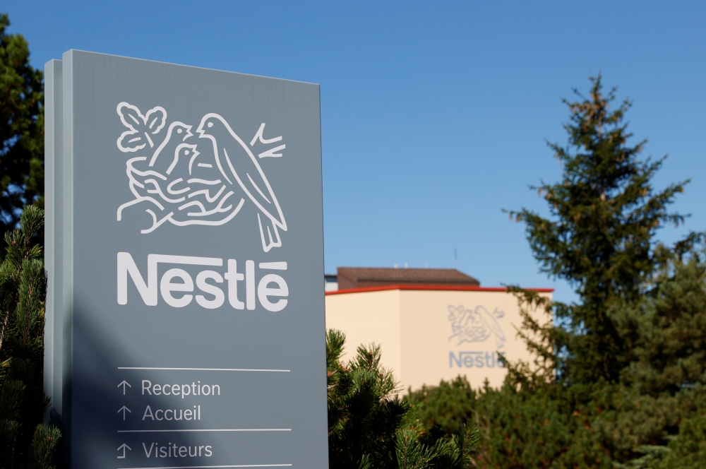 A logo is pictured on the Nestle research center before the presentation of Sensationnal Vuna, a plant-based tuna product made by Garden Gourmet, at Vers-chez-les-Blanc in Lausanne, Switzerland August 20, 2020. REUTERS/Denis Balibouse