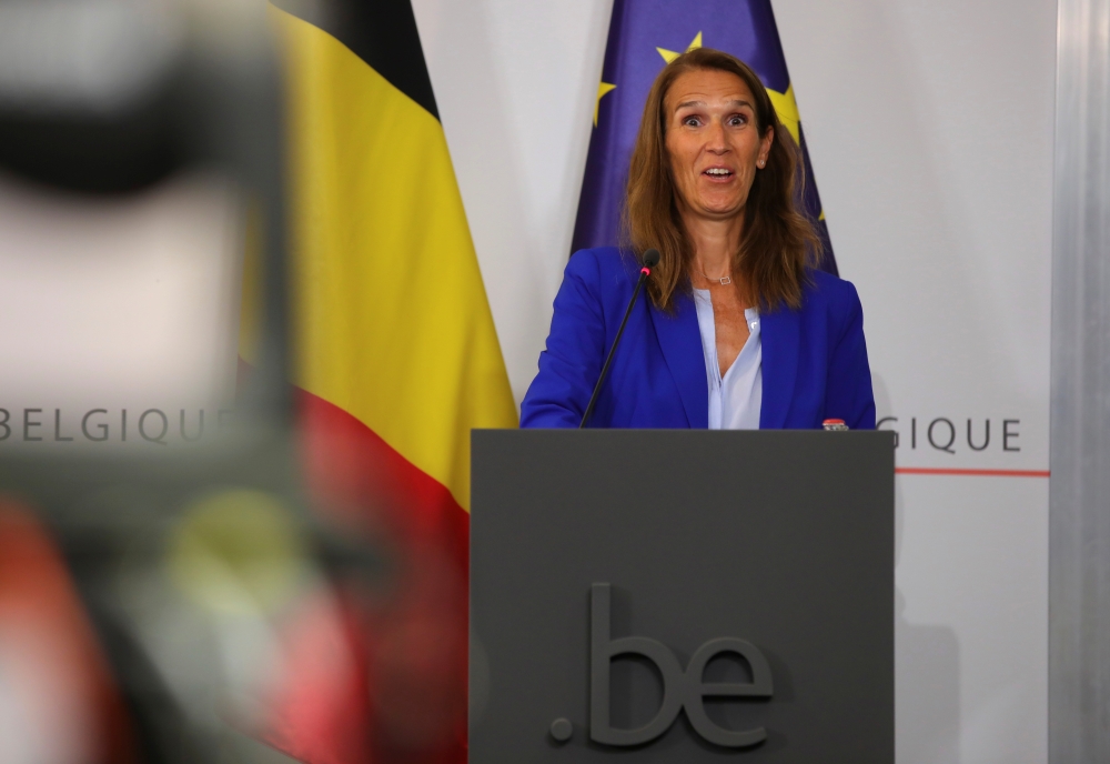 Belgium's Prime Minister Sophie Wilmes attends a news conference after a meeting of the National Security Council, amid the coronavirus disease (COVID-19) outbreak, in Brussels, Belgium August 20, 2020. Olivier Matthys/Pool via REUTERS