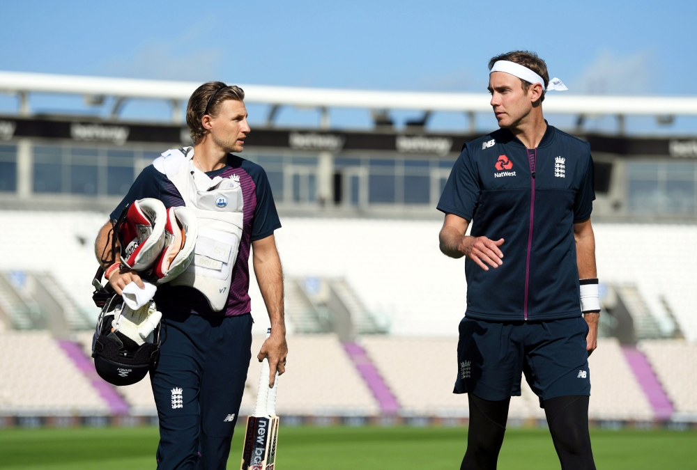 August 20, 2020 England's Joe Root and Stuart Broad during nets ECB Pool/Handout via REUTERS