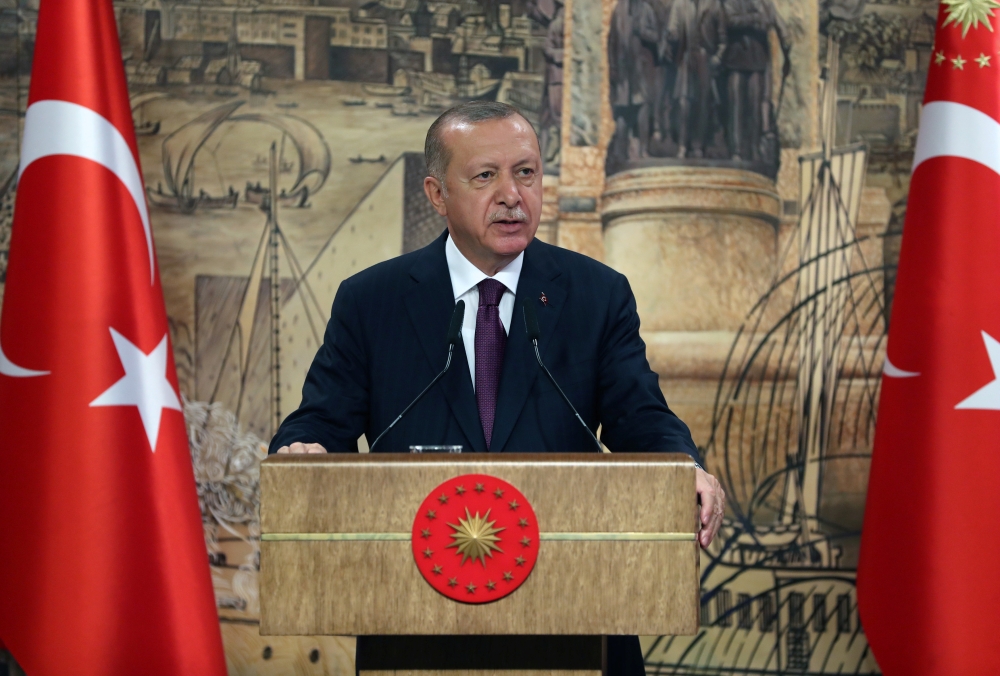 Turkey's President Tayyip Erdogan addresses the nation in Istanbul, Turkey, August 21, 2020. Murat Cetinmuhurdar/PPO/Handout via REUTERS