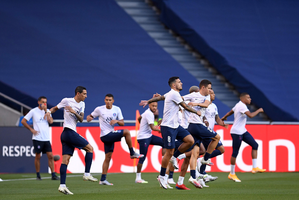 Paris Saint-Germain’s players taking part in a training session ahead of their UEFA Champions League final against Bayern Munich in Lisbon. 