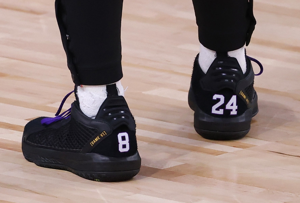 AUGUST 24: Shoes with #8 and #24 to honor Kobe Bryant are worn by Damian Lillard #0 of the Portland Trail Blazers against the Los Angeles Lakers in Game Four of the Western Conference First Round during the 2020 NBA Playoffs at AdventHealth Arena at ESPN 