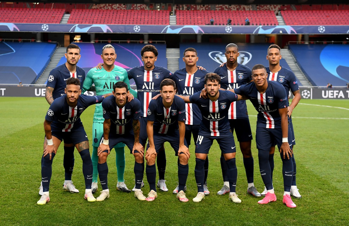 LISBON, PORTUGAL - AUGUST 23: Players of Paris Saint Germain pose for a team photo ahead of the UEFA Champions League final football match between Paris Saint-Germain and Bayern Munich held at the Luz stadium in Lisbon, Portugal on August 23, 2020. ( UEFA