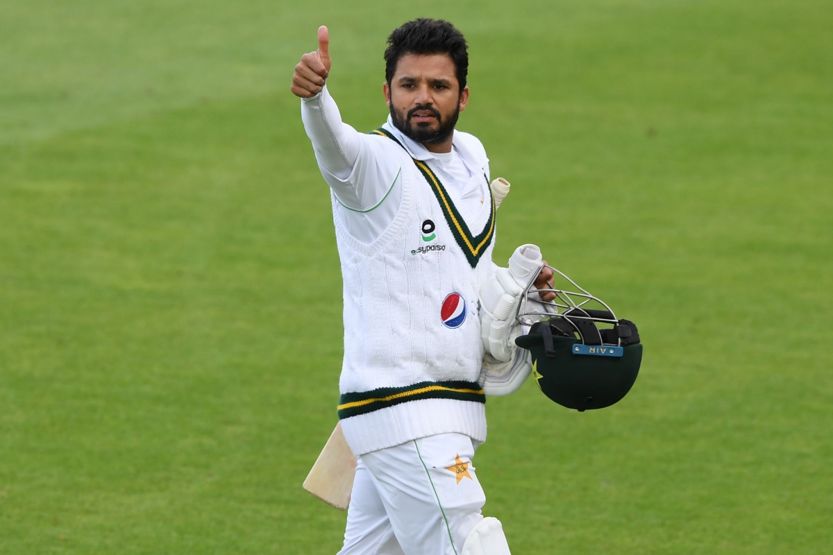 Pakistan's Azhar Ali gestures as he comes off for the tea break unbeaten on 82 on the third day of the third Test cricket match between England and Pakistan at the Ageas Bowl in Southampton, southern England on August 23, 2020. - RESTRICTED TO EDITORIAL U