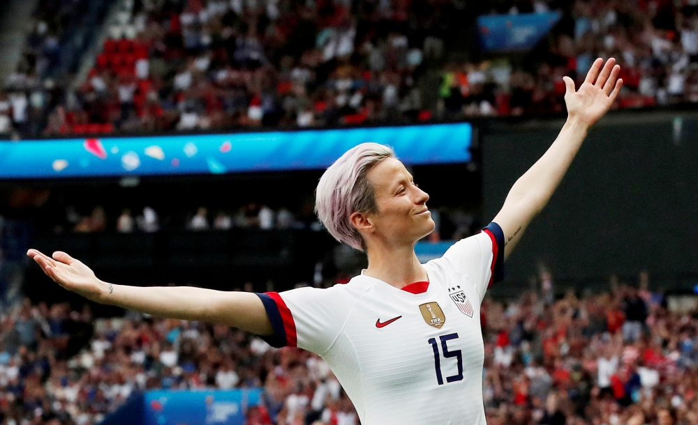 Megan Rapinoe of the U.S. celebrates scoring their first goal during the France v United States game during the Women's World Cup Quarter Final at Parc des Princes, Paris, France June 28, 2019. REUTERS/Benoit Tessier/File Photo