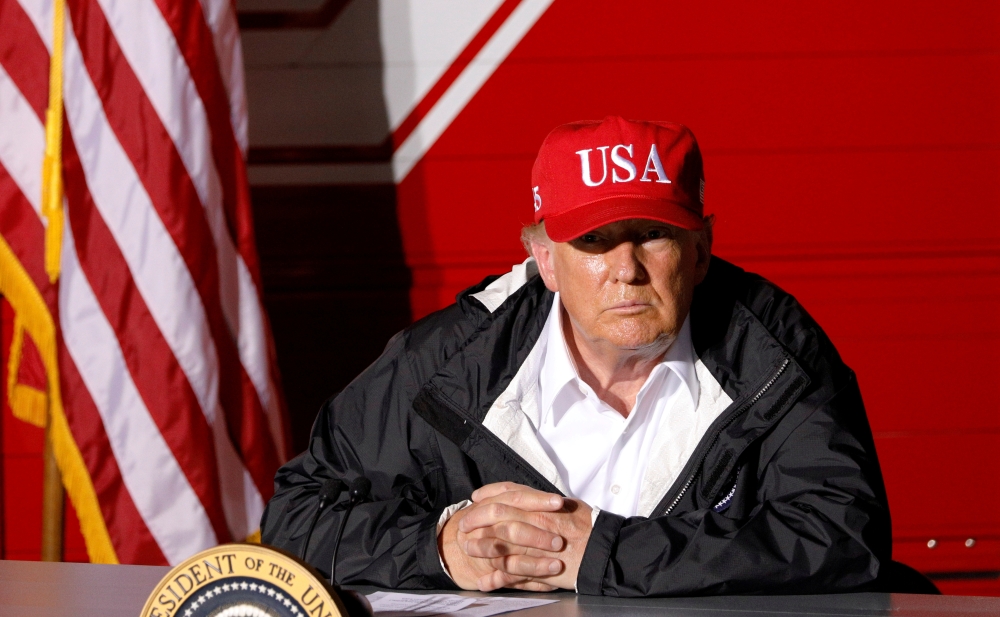 U.S. President Donald Trump speaks during a briefing at Lake Charles Fire House as he visits nearby areas damaged by Hurricane Laura in Lake Charles, Louisiana, U.S., August 29, 2020. REUTERS/Tom Brenner