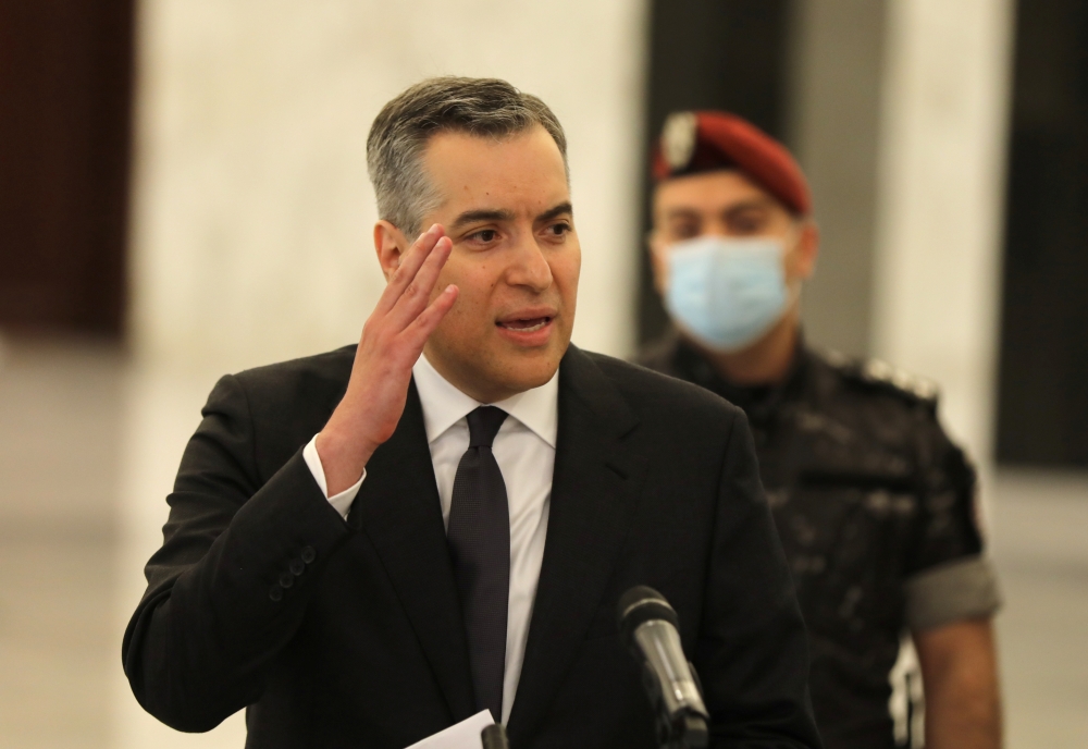 Mustapha Adib talks to the media after being named Lebanon's new prime minister at the presidential palace in Baabda, Lebanon August 31, 2020. REUTERS/Mohamed Azakir