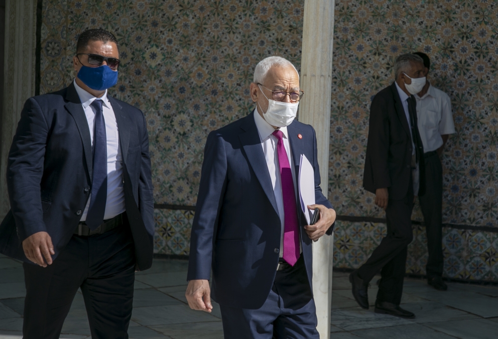 Hisham El-Mechishi appointed to form the country’s government is welcomed by Leader of the En-Nahda Movement Rached Ghannouchi before attending the vote of confidence session at Tunisian Parliament in Tunis, Tunisia on September 1, 2020.  Yassine Gaidi - 