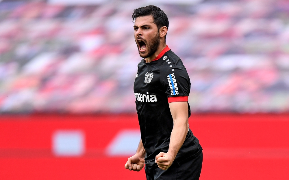 June 27, 2020 Bayer Leverkusen's Kevin Volland celebrates scoring their first goal, following the resumption of play behind closed doors after the outbreak of the coronavirus disease (COVID-19) Martin Meissner/Pool via REUTERS