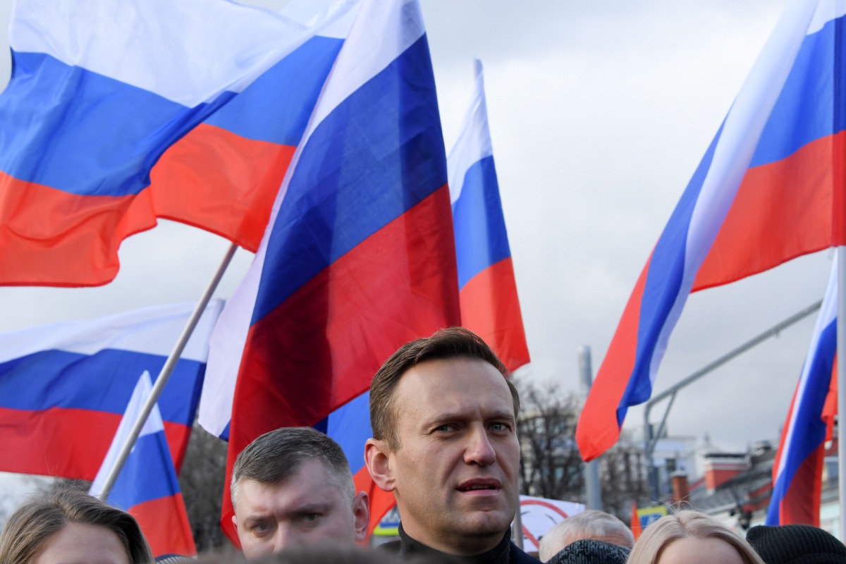 (FILES) This file photo taken on February 29, 2020 shows Russian opposition leader Alexei Navalny taking part in a march in memory of murdered Kremlin critic Boris Nemtsov in downtown Moscow. Tests carried out on Russian opposition leader Alexei Navalny p