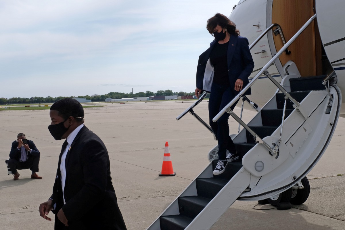 Democratic U.S. vice presidential nominee Senator Kamala Harris arrives at General Mitchell International Airport before planning on attending a 