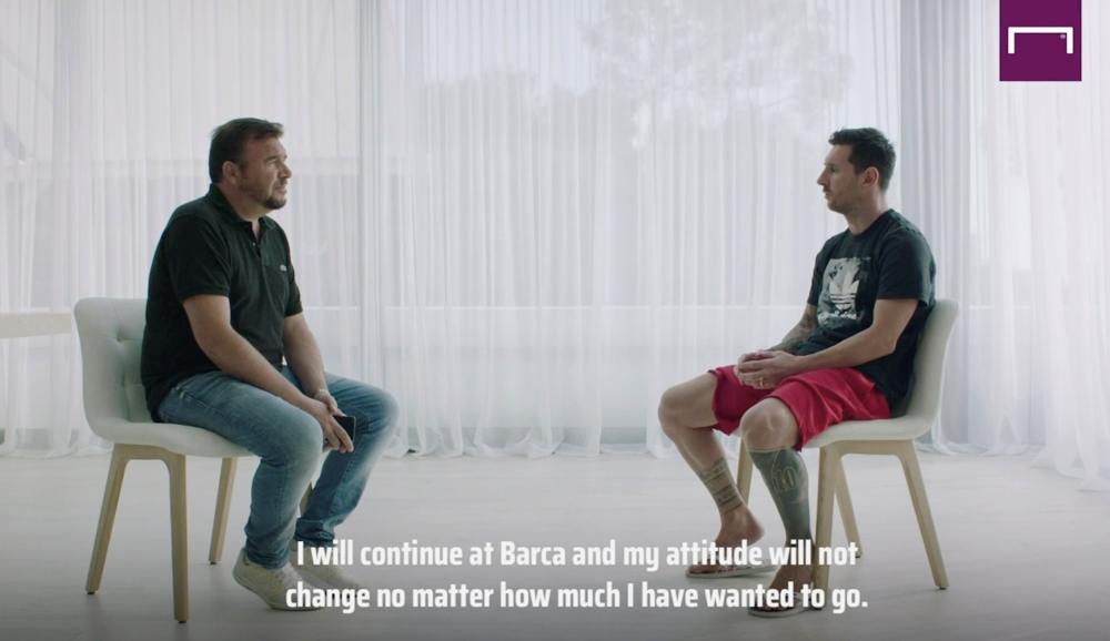 Soccer Football - Lionel Messi's FC Barcelona transfer request - Barcelona, Spain - September 4, 2020 A screenshot shows an interview with Lionel Messi at his home in Barcelona by GOAL GOAL/Handout via REUTERS. 