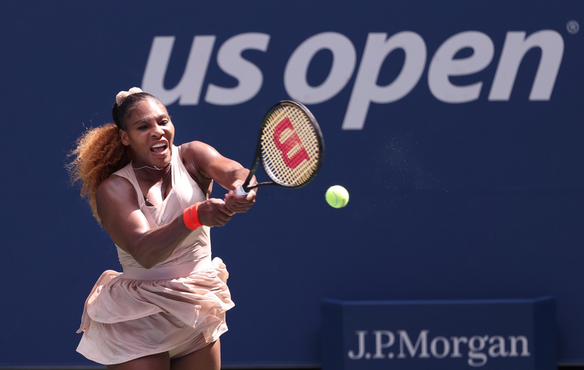 NEW YORK, NEW YORK - SEPTEMBER 07: Serena Williams of the United States returns the ball during her Women's Singles fourth round match against Maria Sakkari of Greece on Day Eight of the 2020 US Open at the USTA Billie Jean King National Tennis Center on 