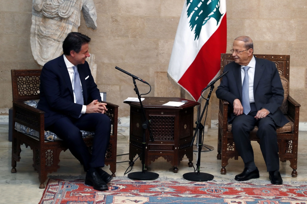 Italian Prime Minister Giuseppe Conte meets with Lebanon's President Michel Aoun at the presidential palace in Baabda, Lebanon September 8, 2020. Dalati Nohra