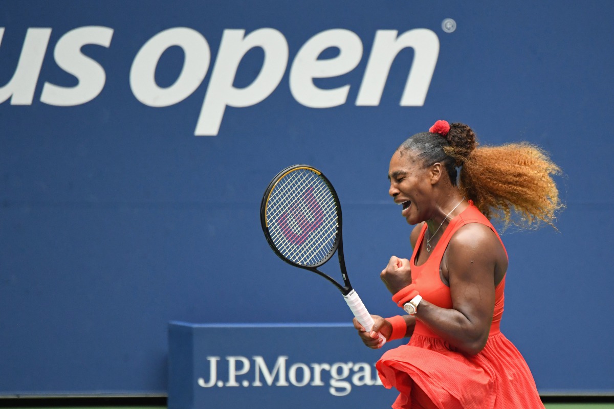Sep 9 2020; Flushing Meadows, New York,USA; Serena Williams of the United States reacts after winning a point against Tsvetana Pironkova of Bulgaria (not pictured) in a women's singles quarter-finals match on day nine of the 2020 U.S. Open tennis tourname