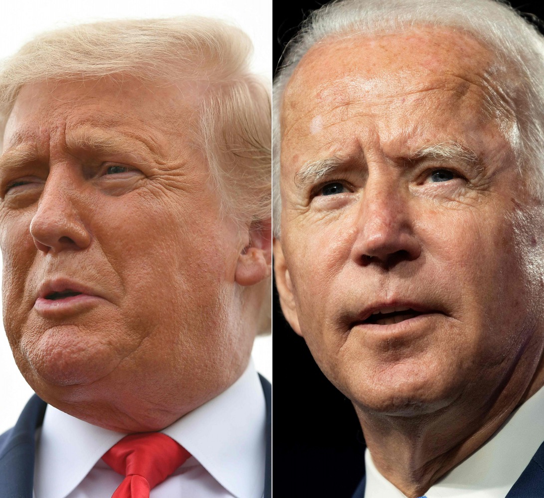 (COMBO) This combination of pictures created on September 10, 2020 shows US President Donald Trump (L) speaking as he makes his way to board Air Force One before departing from Andrews Air Force Base in Maryland on September 10, 2020, and Democratic presi