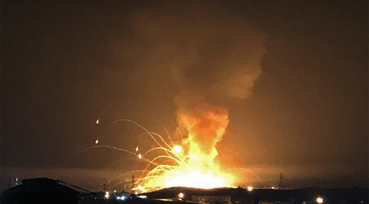 TOPSHOT - This images taken and received from Twitter user @saleh_monther early on September 11, 2020 shows an explosion at a military numitions depot in the city of Zarqa, 25 kilometres (15 miles) east of the capital Amman /AFP / @saleh_monther / Handout