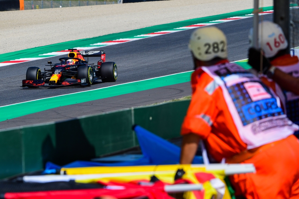 Red Bull's Dutch driver Max Verstappen drives during the third practice session at the Mugello circuit ahead of the Tuscany Formula One Grand Prix in Scarperia e San Piero on September 12, 2020. / AFP / JENNIFER LORENZINI