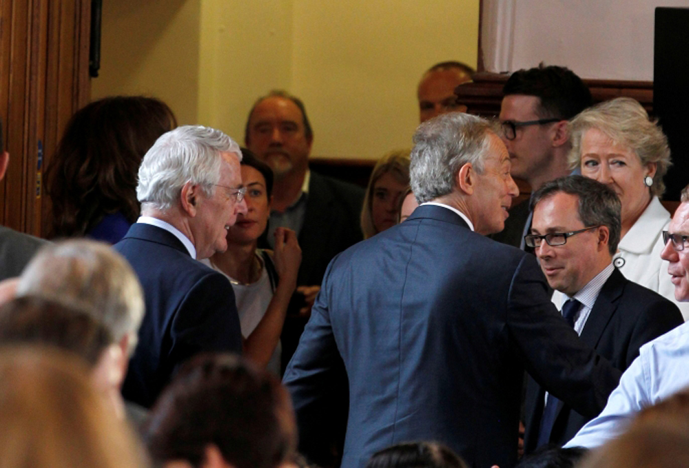 FILE PHOTO: Former British prime ministers John Major (L) and Tony Blair leave after a Remain campaign event at the University of Ulster in Londonderry, Northern Ireland June 9, 2016. REUTERS/Brian Lawless