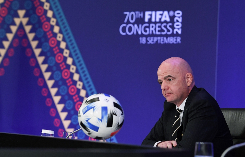 This handout picture taken and released by theInternational Federation of Association Football (Federation Internationale de Football Association - FIFA) shows FIFA President Gianni Infantino delivering a speech during the 70th Congress of the World footb