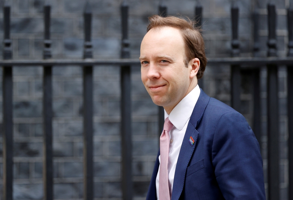 Britain's Secretary of State of Health Matt Hancock arrives in Downing Street, following the outbreak of the coronavirus disease (COVID-19), London, Britain, May 21, 2020. REUTERS/John Sibley/File Photo