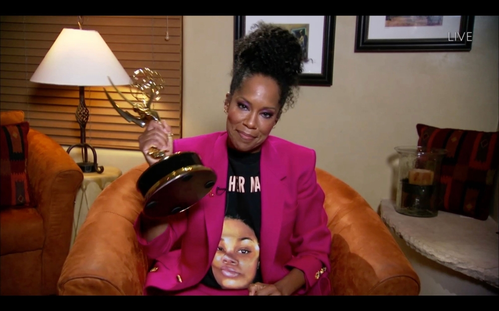 This handout screen shot released courtesy of American Broadcasting Companies, Inc. / ABC shows US actress Regina King wearing a Breonna Taylor shirt as she wins the Emmy for Outstanding Lead Actress In A Limited Series Or Movie with Watchmen during the 7