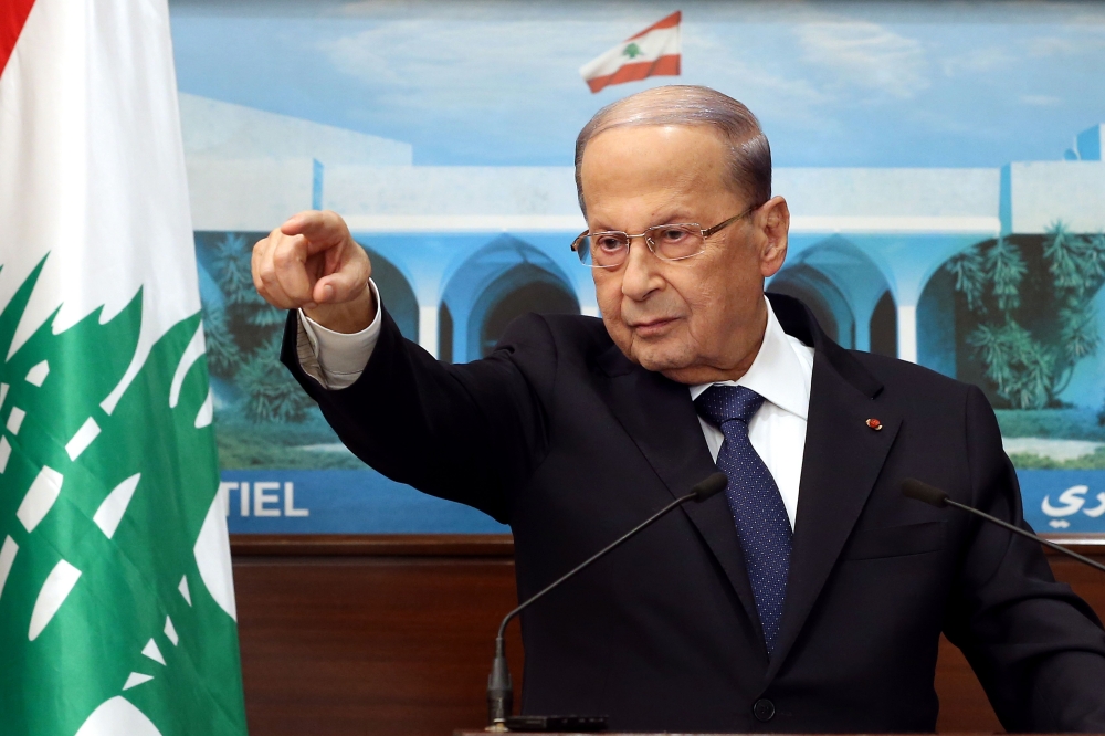 President Michel Aoun talking to the press at the presidential palace in Baabda, east of the capital, regarding ongoing consultations to form a new cabinet.  AFP / DALATI AND NOHRA