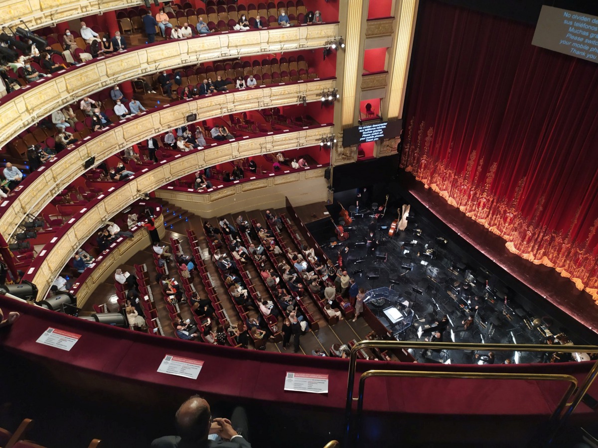 Spectators attend an opera performance which was called off after complaints over lack of social distancing, amid the outbreak of the coronavirus disease (COVID-19), at Royal Theatre in Madrid, Spain, September 20, 2020, in this picture obtained from soci