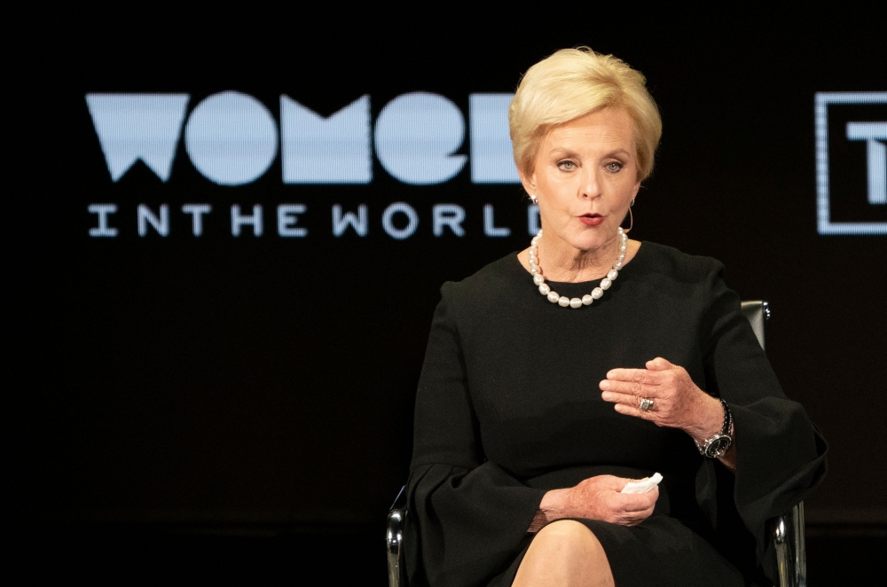 (FILES) In this file photo taken on April 12, 2019 Cindy McCain, Chairman of the Board of The McCain Institute for International Leadership, speaks during the Women in the World Summit in New York. AFP / Don Emmert 