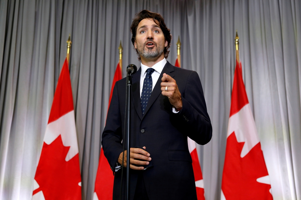 FILE PHOTO: Canada's Prime Minister Justin Trudeau speaks during a news conference in Ottawa, Ontario, Canada September 14, 2020. REUTERS/Blair Gable/File Photo