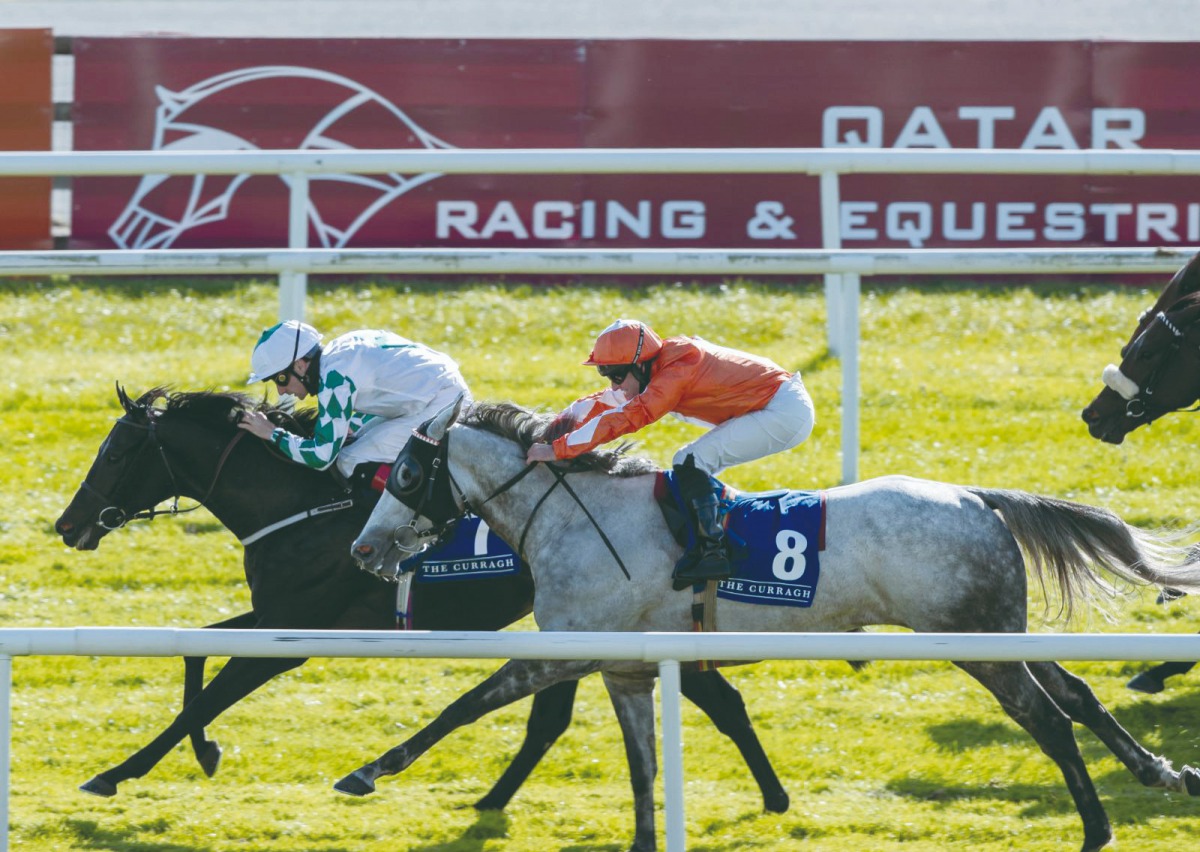 Ventura Rebel reaching the ?nish line to win the Qatar Racing and Equestrian Club Renaissance Stakes (Group 3) at The Curragh, yesterday. PIC: CURRAGH RACECOURSE 