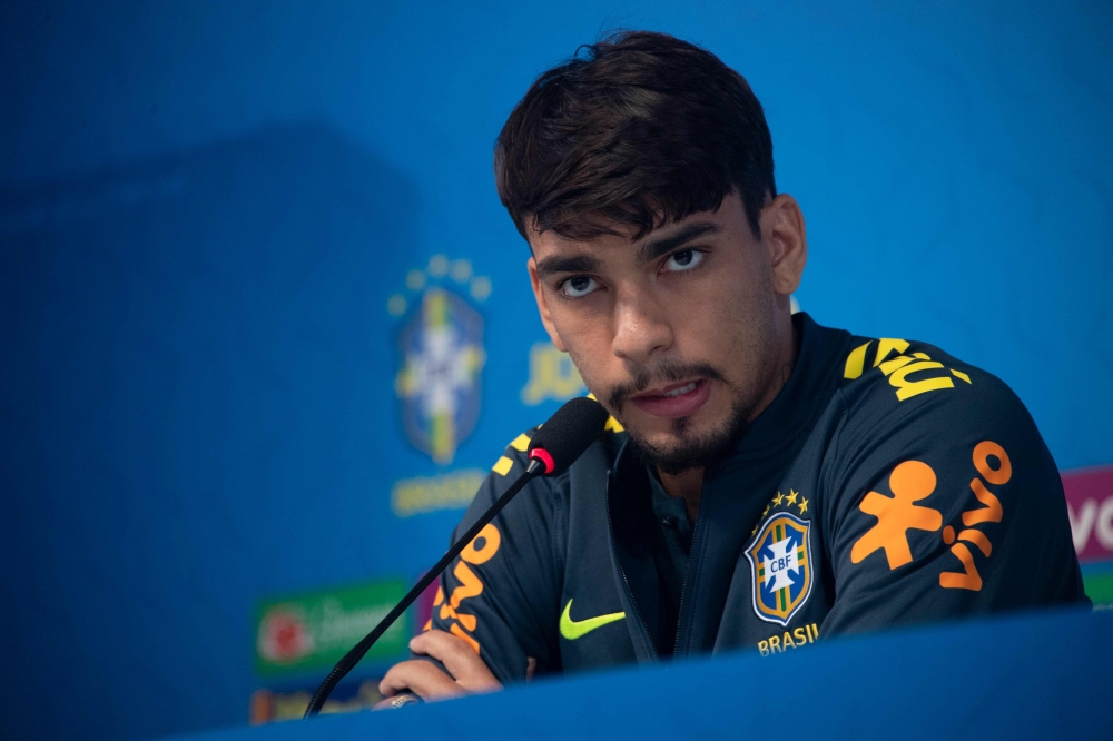 In this file photo taken on June 2, 2019, Brazil's midfielder Lucas Paqueta talks during a press conference at the Granja Comary sport complex in Teresopolis, Brazil. Brazilian midfielder Lucas Paqueta, 23, arrived in Lyon on September 30, 2020, from AC M