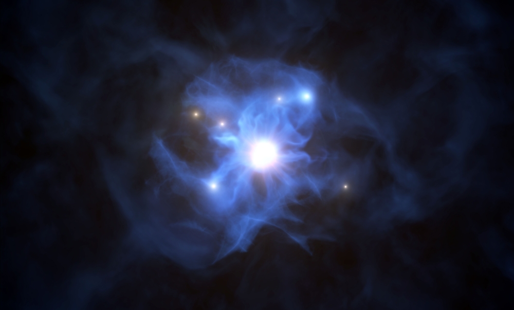 A handout photo made available on September 29, 2020 by the European Southern Observatory shows an artist's impression of the central black hole and the galaxies trapped in its gas web./ AFP / European Southern Observatory / L. CALCADA /