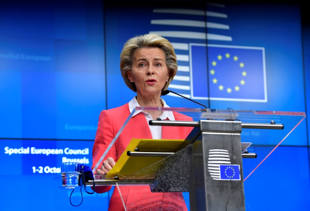 European Commission President Ursula von der Leyen addresses the media on the second day of a European Union leaders summit at the Europa building in Brussels, Belgium October 2, 2020. John Thys/Pool via REUTERS