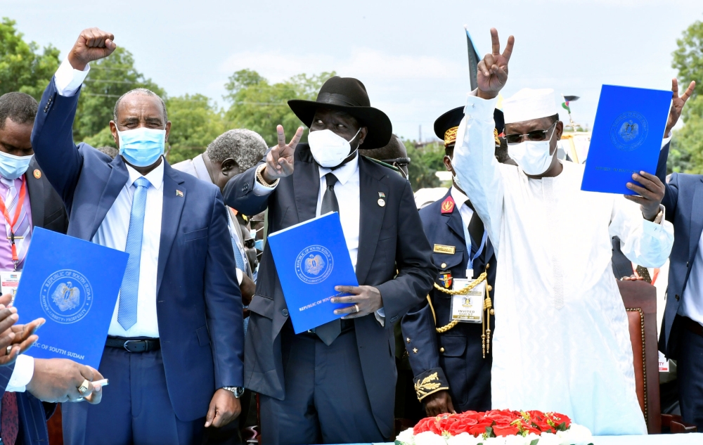 Sudan's Sovereign Council Chief General Abdel Fattah al-Burhan, South Sudan's President Salva Kiir, and Chad President Idriss Deby attend the signing of peace agreement between the Sudan's transitional government and Sudanese revolutionary movements to en