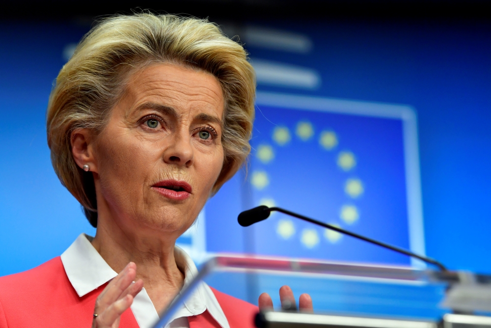 European Commission President Ursula von der Leyen addresses the media on the second day of a European Union leaders summit at the Europa building in Brussels, Belgium October 2, 2020. John Thys/Pool via REUTERS