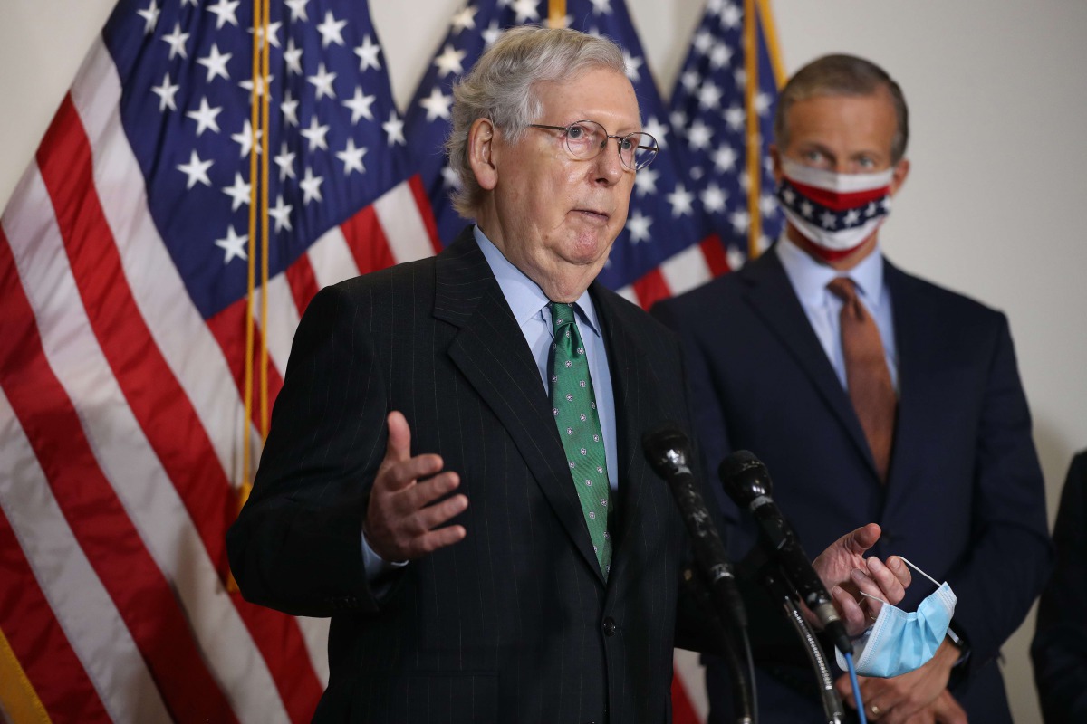 WASHINGTON, DC - SEPTEMBER 30: Senate Majority Leader Mitch McConnell (R-KY) talks to reporters following the weekly Senate Republican policy luncheon in the Hart Senate Office Building on Capitol Hill on September 30, 2020 in Washington, DC.Chip Somodevi