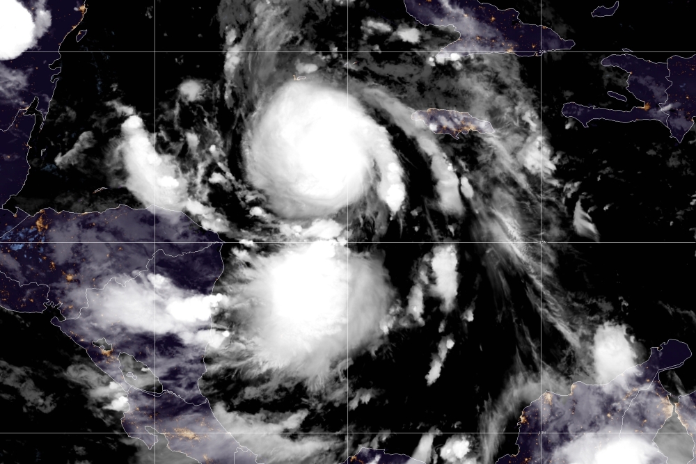 This NOAA/GOES satellite image shows Hurricane Delta over the Caribbean Sea early on October 6, 2020. Tropical storm Delta strengthened into a hurricane on October 5, 2020 in the Caribbean, and is expected to intensify as it passes over Mexico's Yucatan P